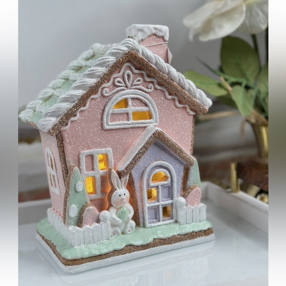Kurt Adler Easter LED Lights Pastel Gingerbread House 9’’ Spring Decor glitter